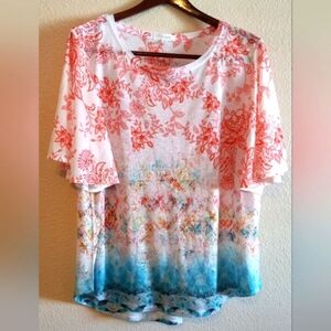 Beautiful Woman’s Dressy Floral Blouse. Spring Colors. Angel Sleeves. Size XXL